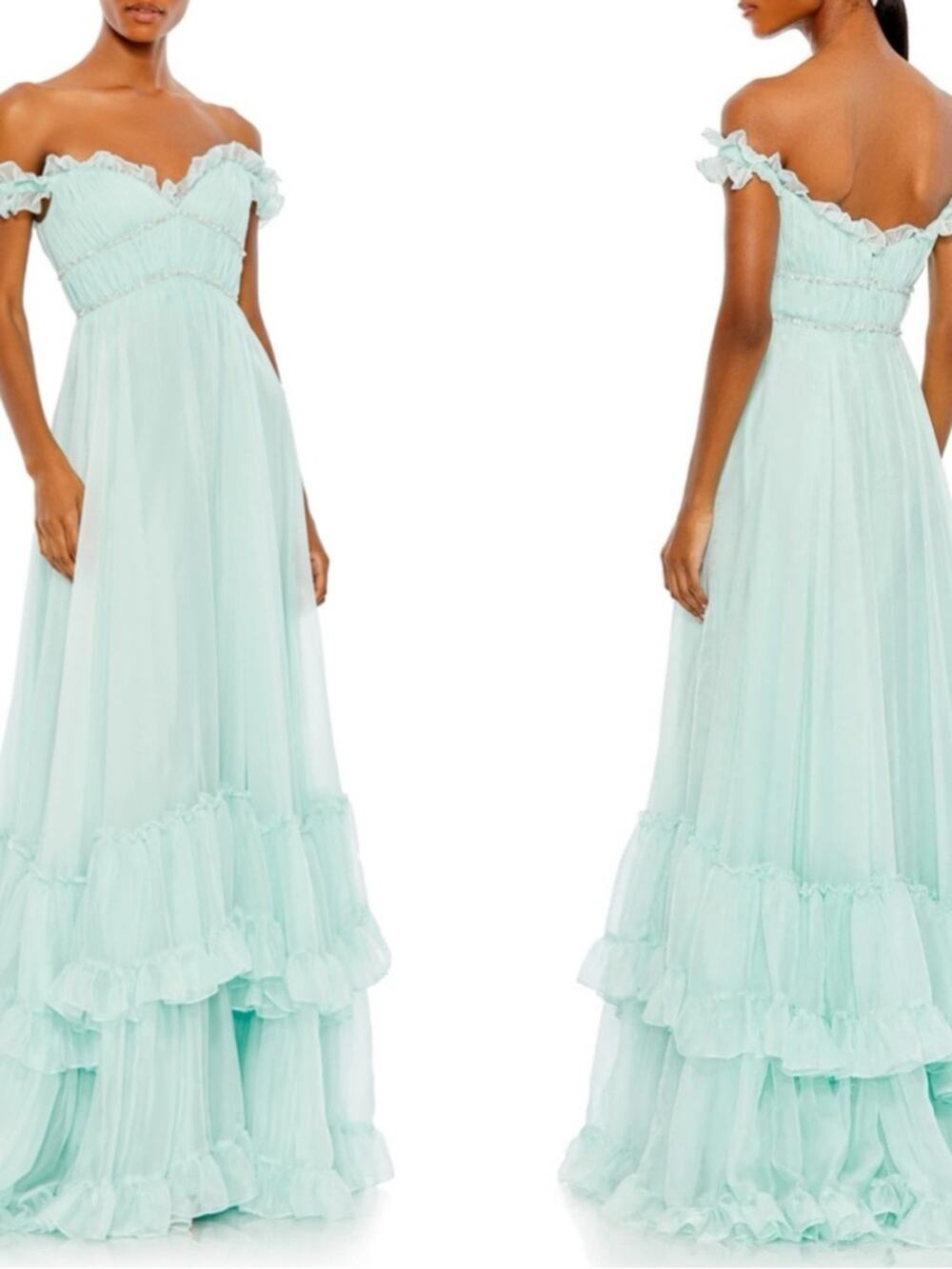 MAC DUGGAL Off the Shoulder Ruffle Hem Bead Embellished 68086 Maxi Dress Size 4